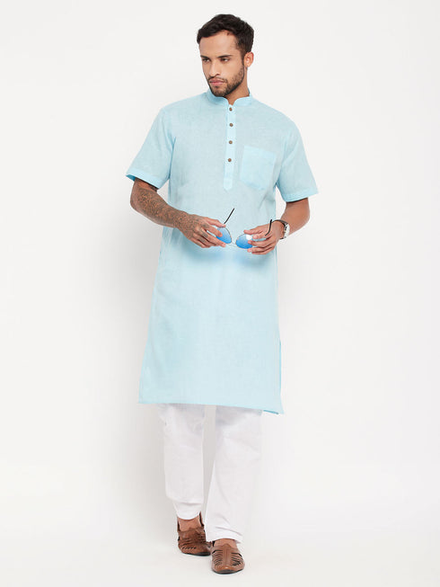 Vastramay Men's Aqua Blue Solid Kurta with White Pyjama Set